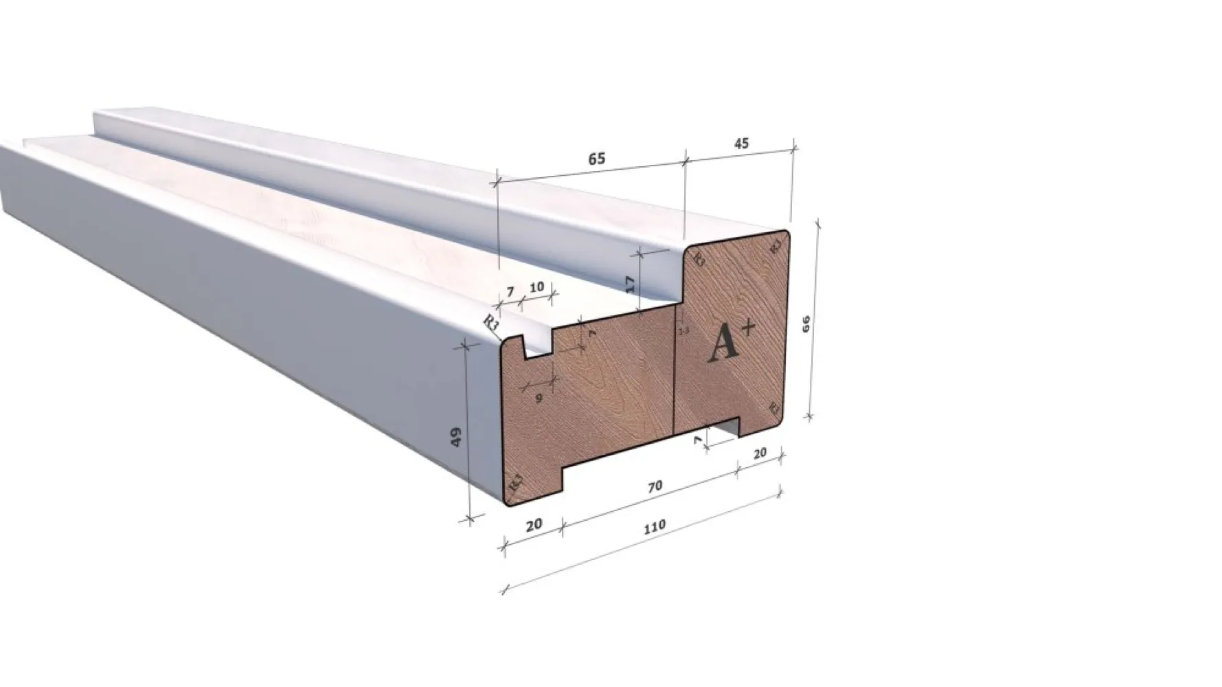 Hardhout Kozijnprofiel A PLUS 66x110x5900 mm - wit stijl met waterhol 